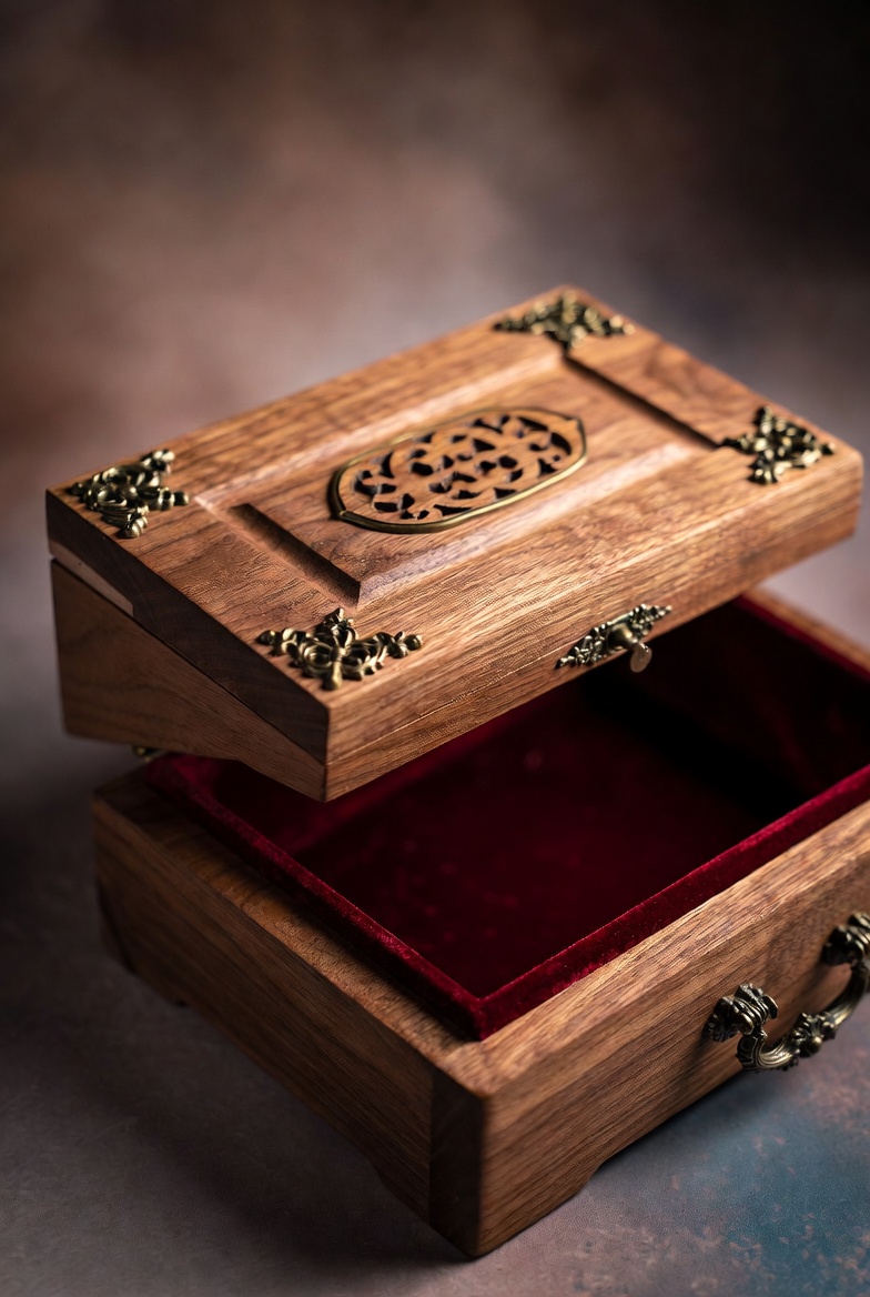 Carved walnut keepsake box with brass inlay